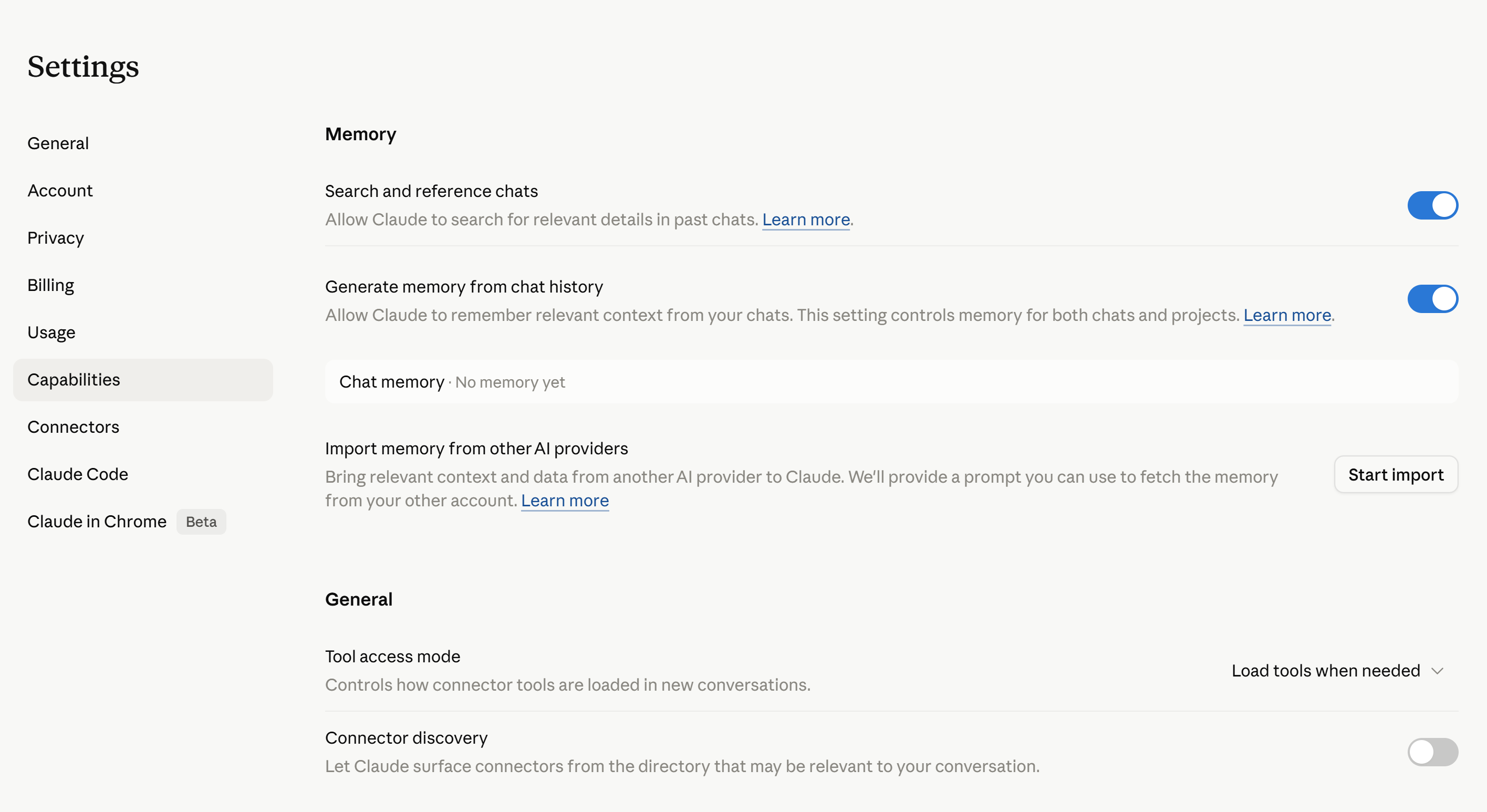 Settings → Capabilities → Memory — включаем оба тумблера