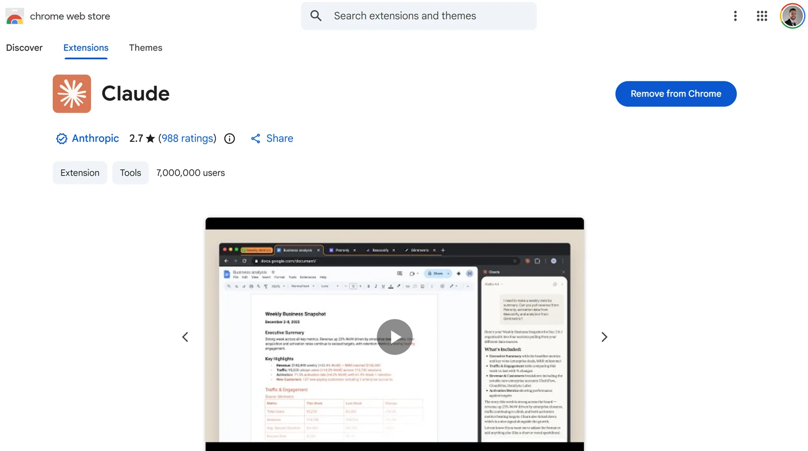 Chrome Web Store — расширение Claude от Anthropic, 7 млн пользователей