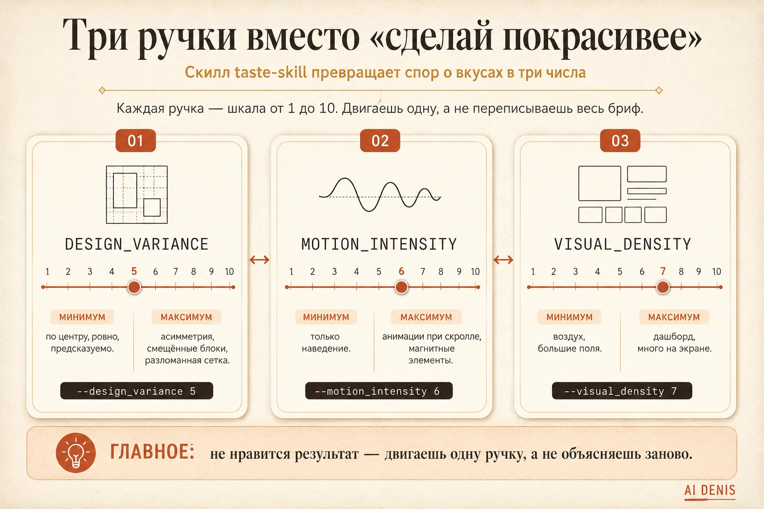 Три ручки taste-skill: DESIGN_VARIANCE, MOTION_INTENSITY, VISUAL_DENSITY — что меняется на низких и высоких значениях