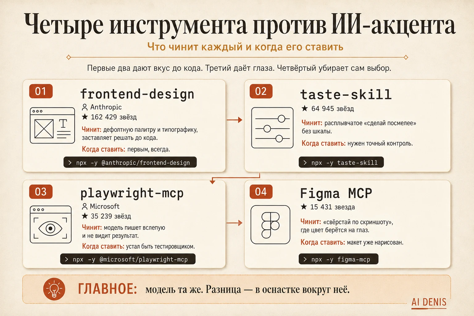 Четыре инструмента против ИИ-акцента: frontend-design, taste-skill, playwright-mcp, Figma MCP — что чинит каждый