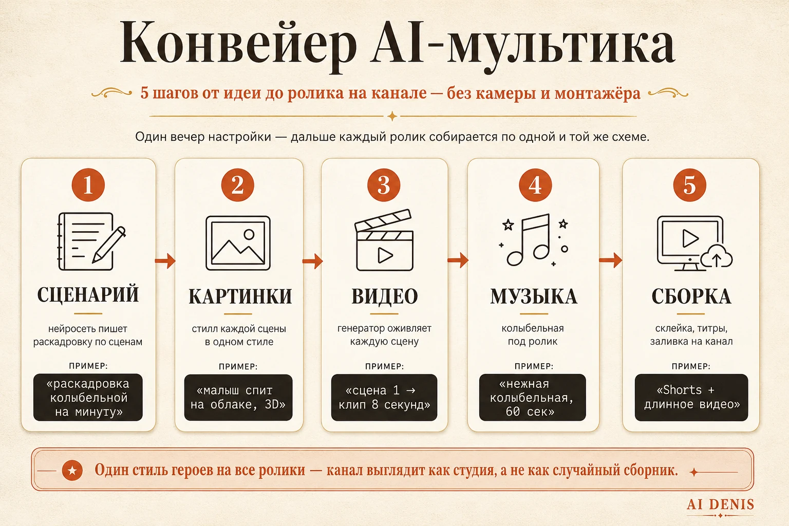 Конвейер AI-мультика: сценарий, картинки, видео, музыка, сборка — пять шагов настольной мультстудии