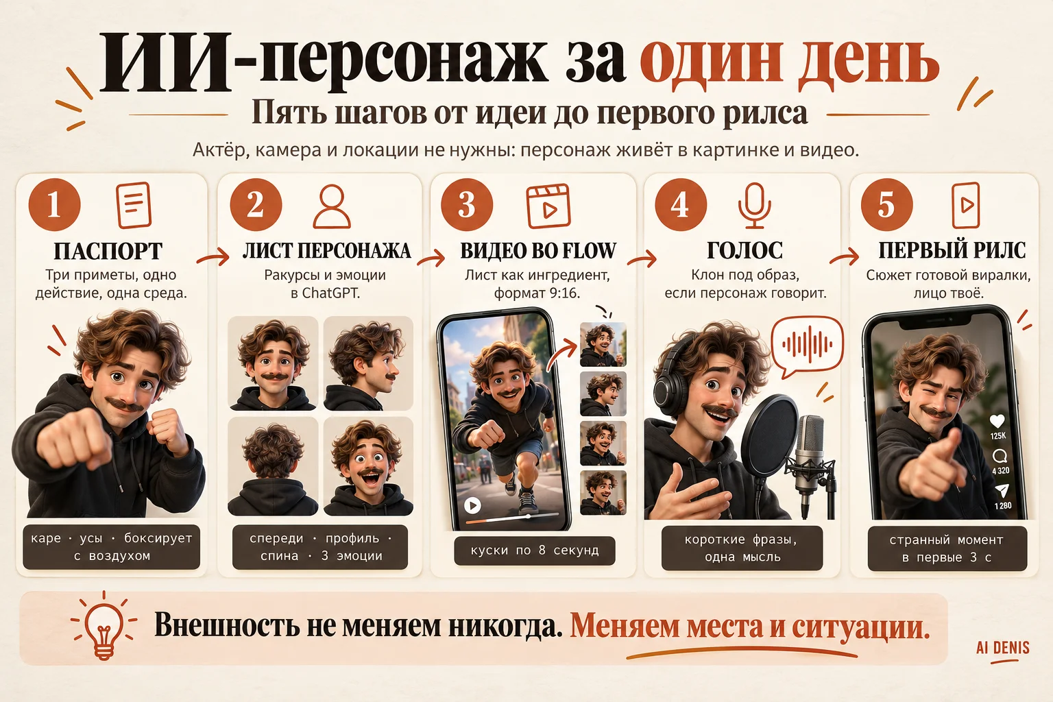 Пять шагов: паспорт, лист персонажа, видео во Flow, голос, первый рилс
