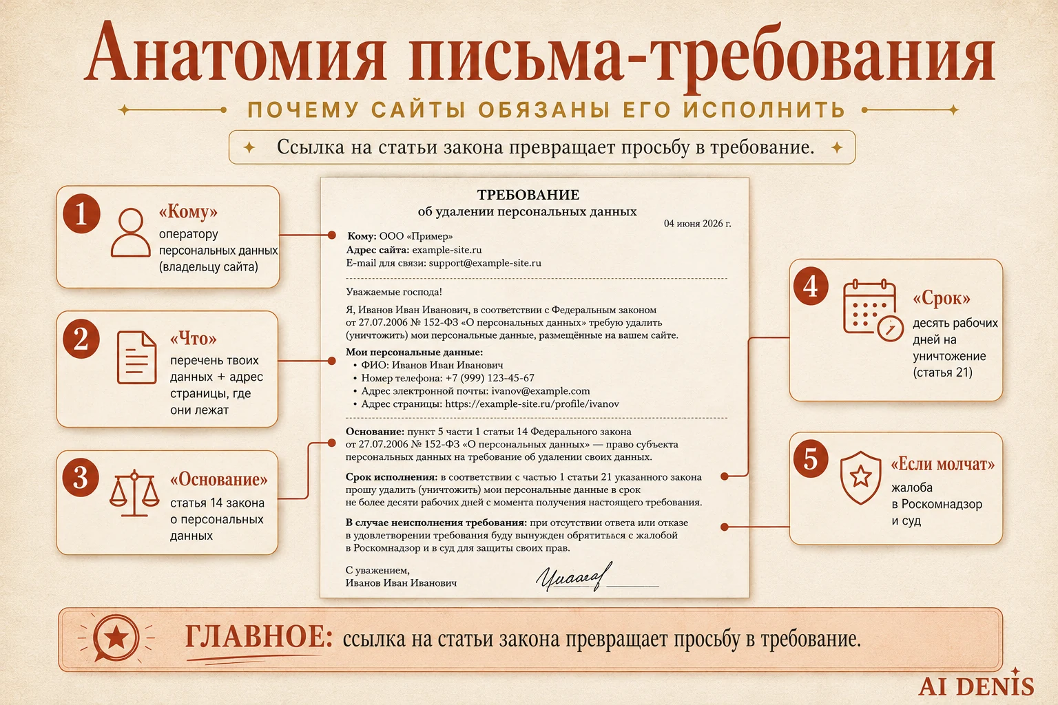 Анатомия письма по 152-ФЗ: адресат, перечень данных, статьи 14 и 21, срок десять дней, упоминание Роскомнадзора
