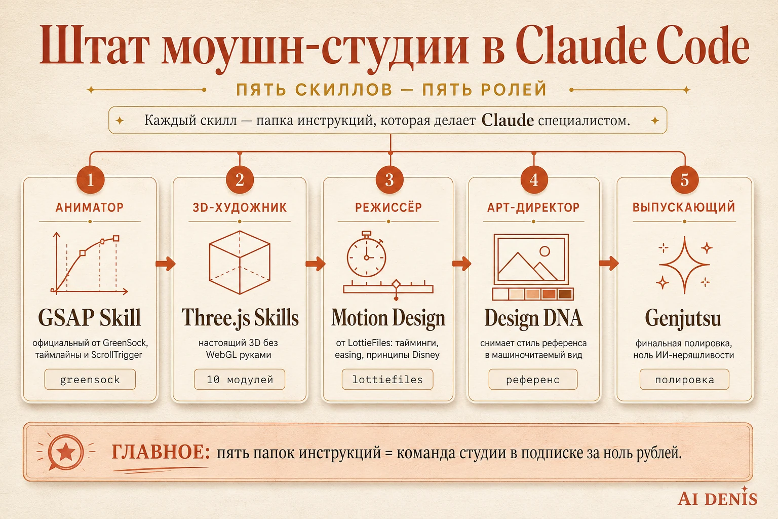 Штат моушн-студии из пяти скиллов Claude Code: GSAP, Three.js, Motion Design, Design DNA, Genjutsu — роль и репозиторий каждого
