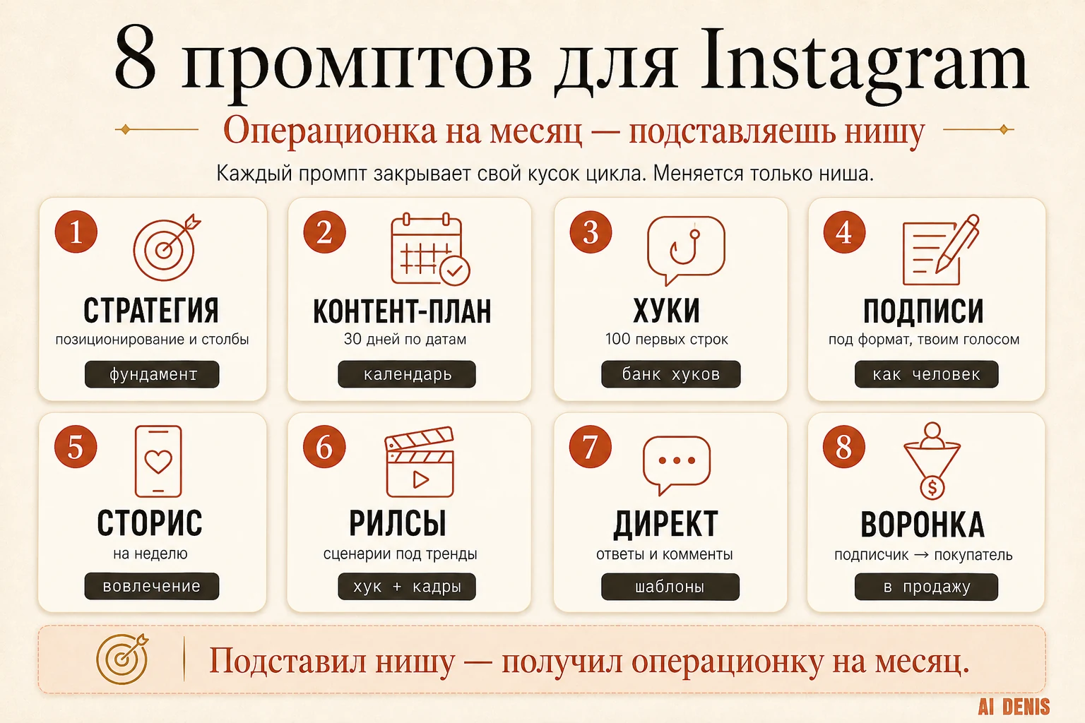 8 промптов для Instagram: стратегия, контент-план, хуки, подписи, сторис, рилсы, директ, воронка
