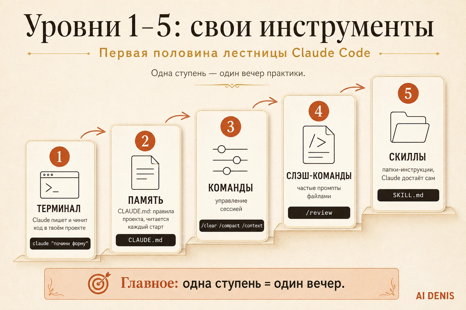 Уровни 1–5 Claude Code: терминал, память CLAUDE.md, команды сессии, свои слэш-команды и скиллы — лестница от базового использования к своим инструментам