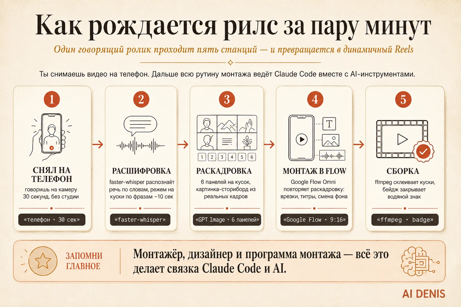 Конвейер автомонтажа рилса: снял на телефон, расшифровка faster-whisper, раскадровка и сториборд в GPT Image, монтаж в Google Flow, сборка в ffmpeg