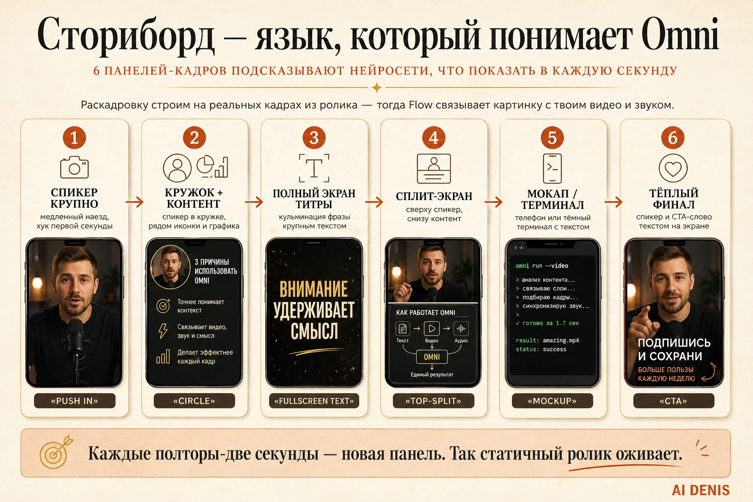 Шесть типов панелей сториборда: спикер крупно, кружок с контентом, полноэкранные титры, сплит-экран, мокап или терминал, тёплый финал с CTA