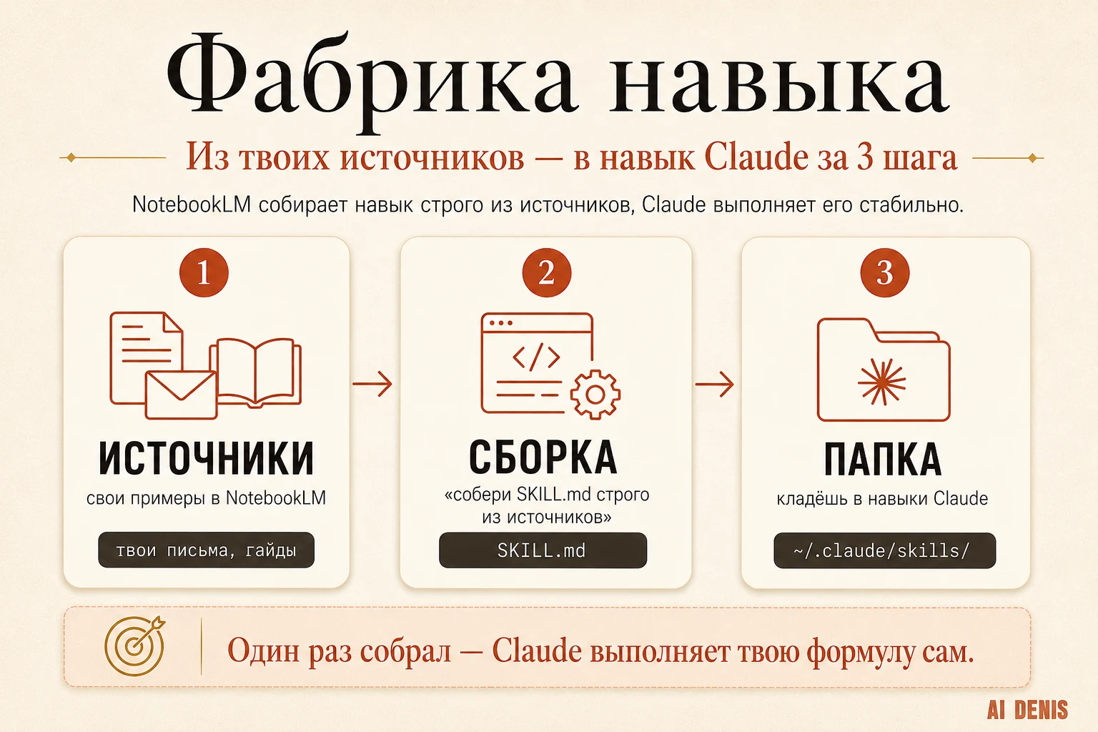 Фабрика навыка: источники в NotebookLM, сборка SKILL.md, папка навыков Claude — три шага