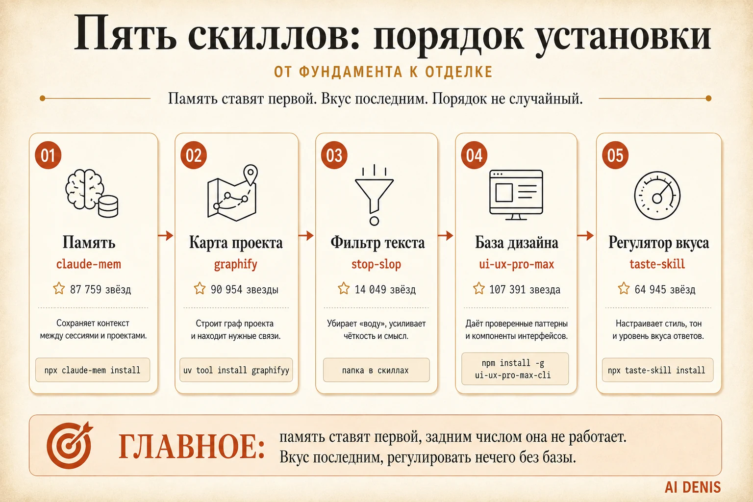 Порядок установки пяти скиллов Claude: память, карта проекта, фильтр текста, база дизайна, регулятор вкуса — с командами установки