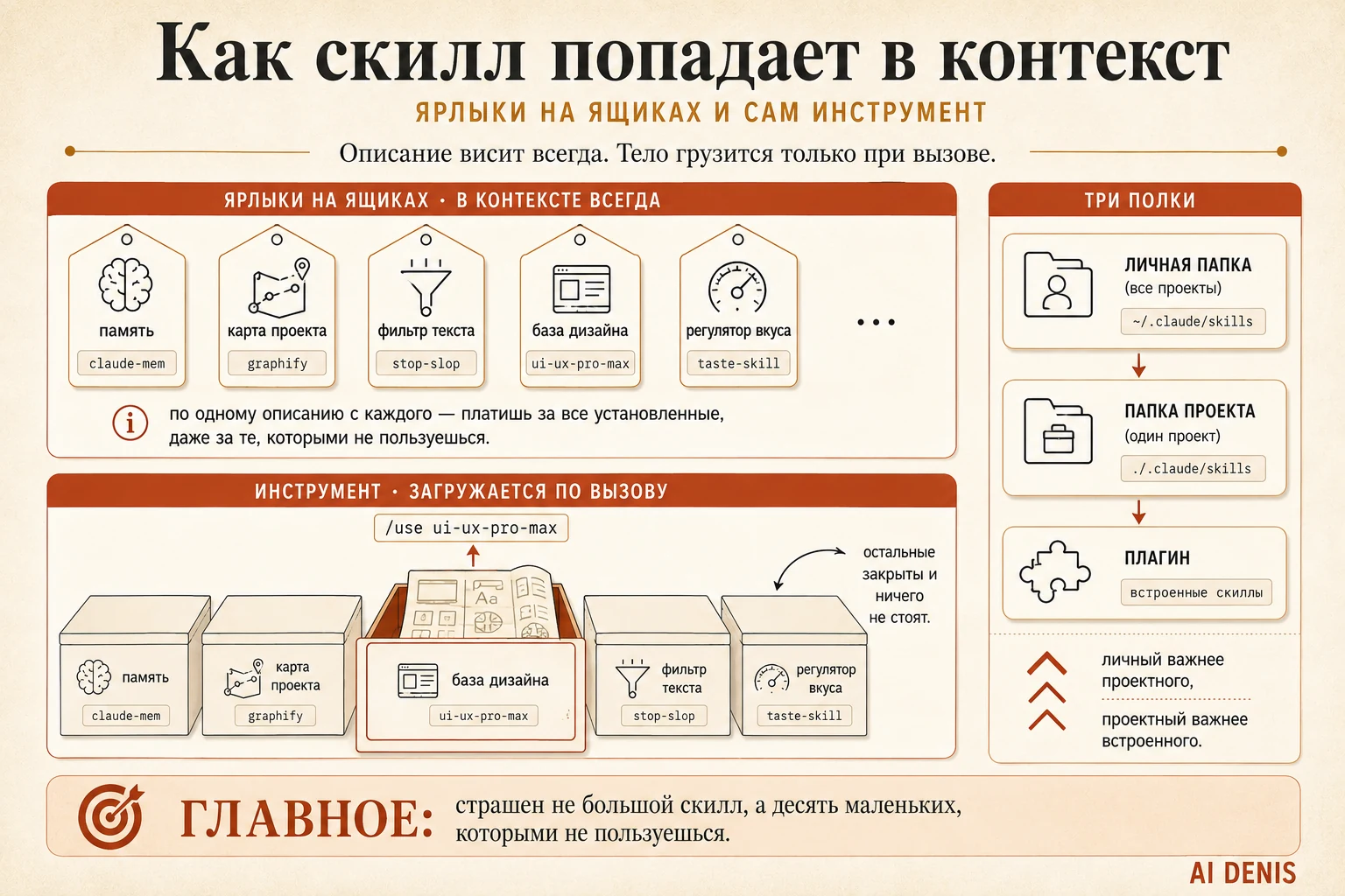 Как скилл попадает в контекст: описание висит всегда, тело скилла загружается только при вызове и остаётся до конца сессии