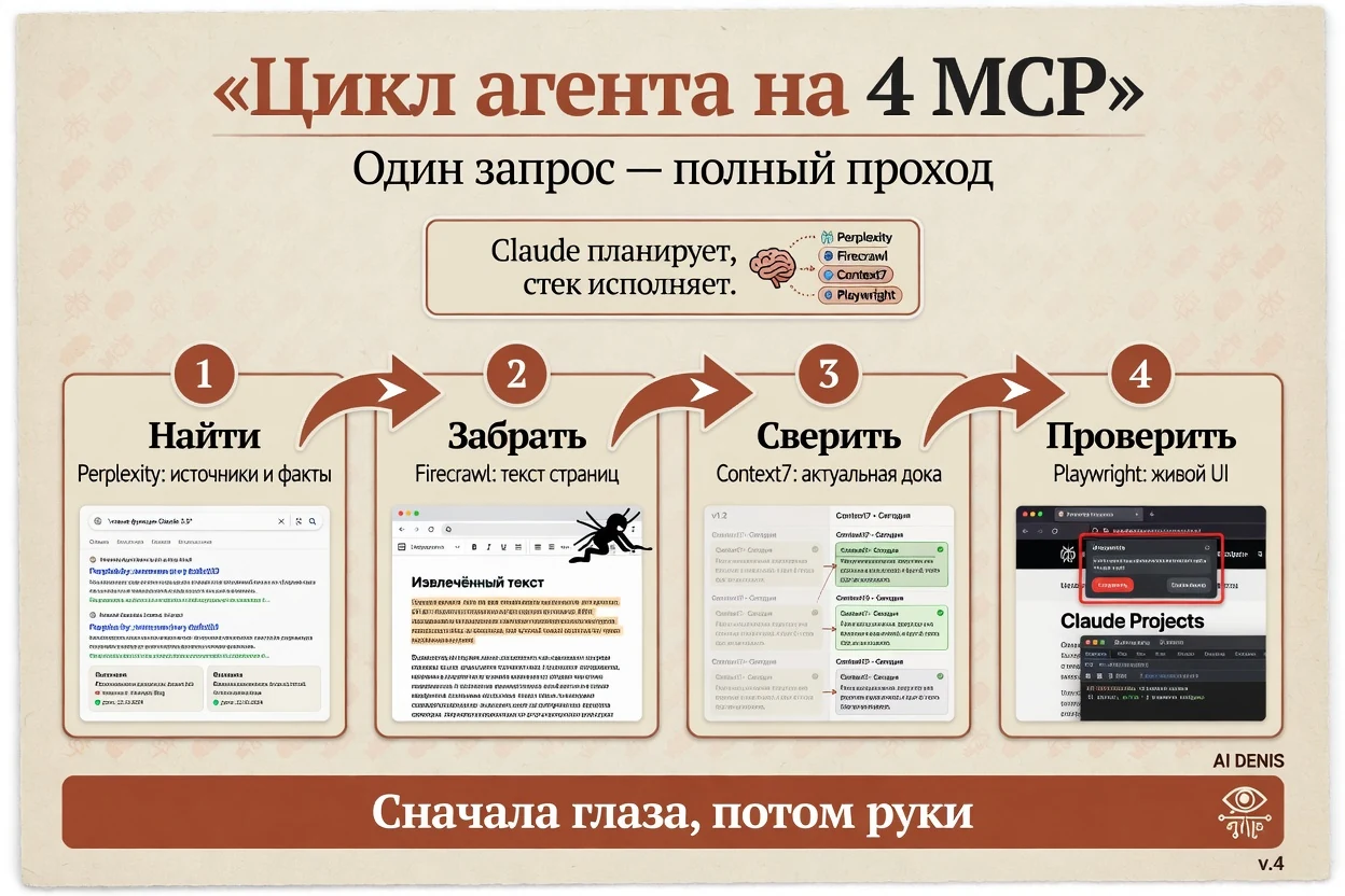 Инфографика: цикл агента Perplexity → Firecrawl → Context7 → Playwright