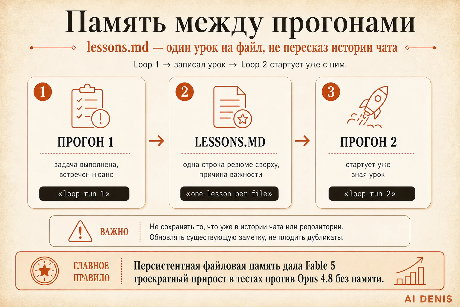 Loop 1 → lessons.md → Loop 2, память между автономными прогонами