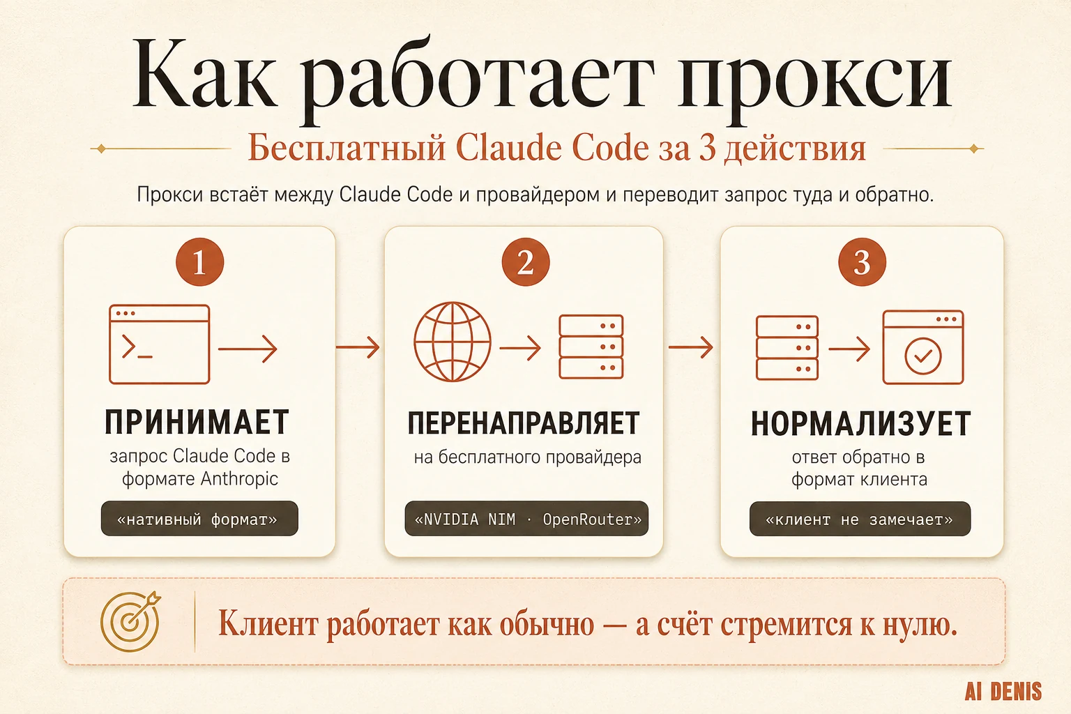 Как работает прокси Free Claude Code: принимает запрос Claude Code, перенаправляет провайдеру, нормализует ответ