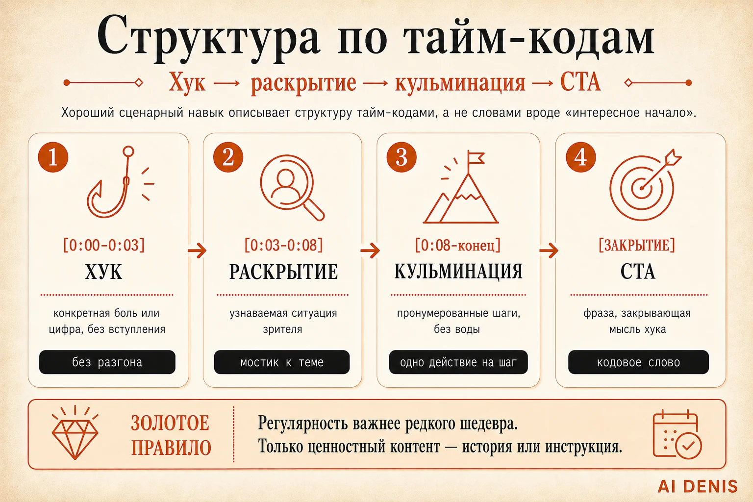 Структура сценария по тайм-кодам: хук, раскрытие, кульминация, CTA