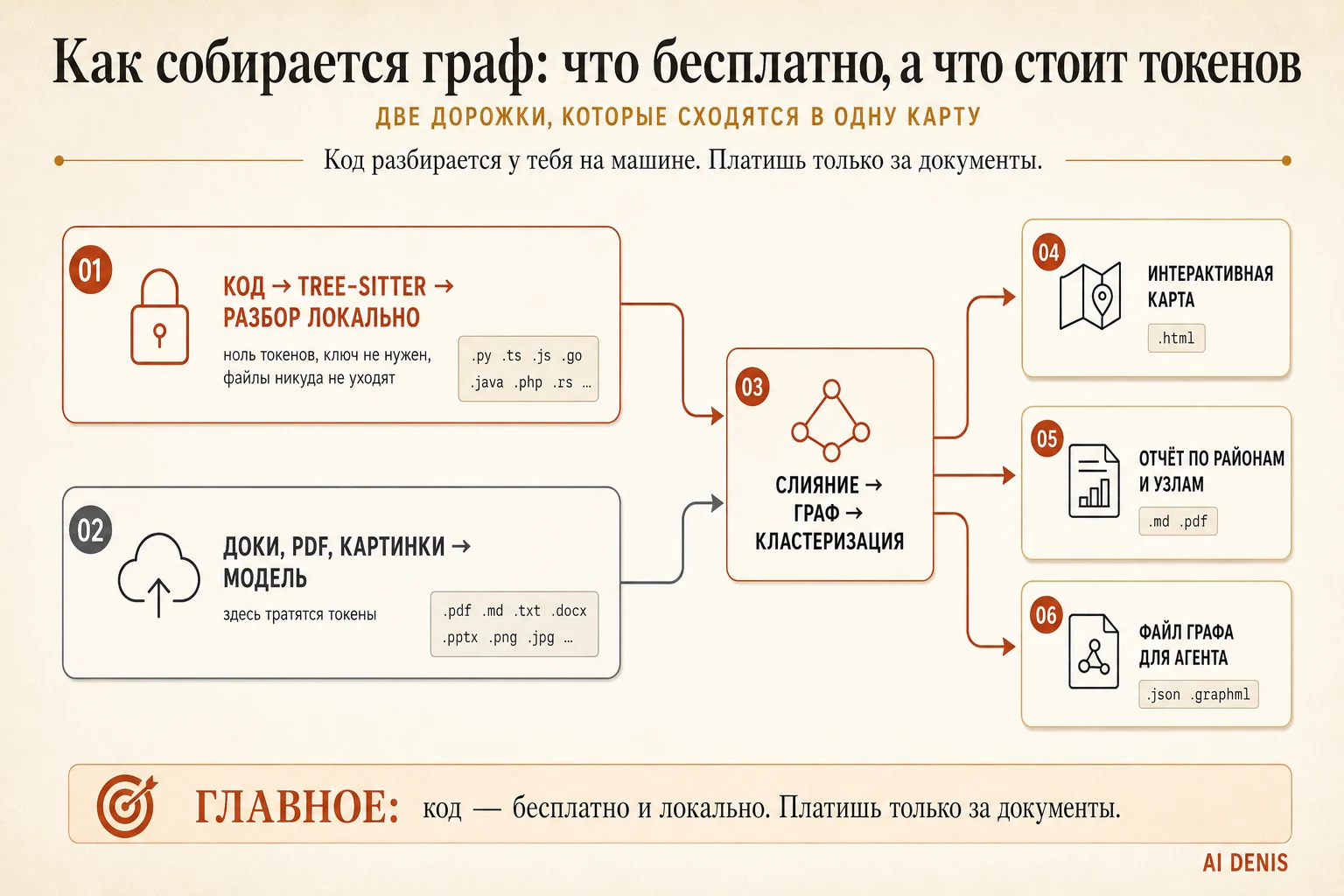 Схема работы Graphify: код разбирается локально через tree-sitter без токенов, документы и картинки — моделью, дальше слияние в граф, кластеризация и три файла на выходе