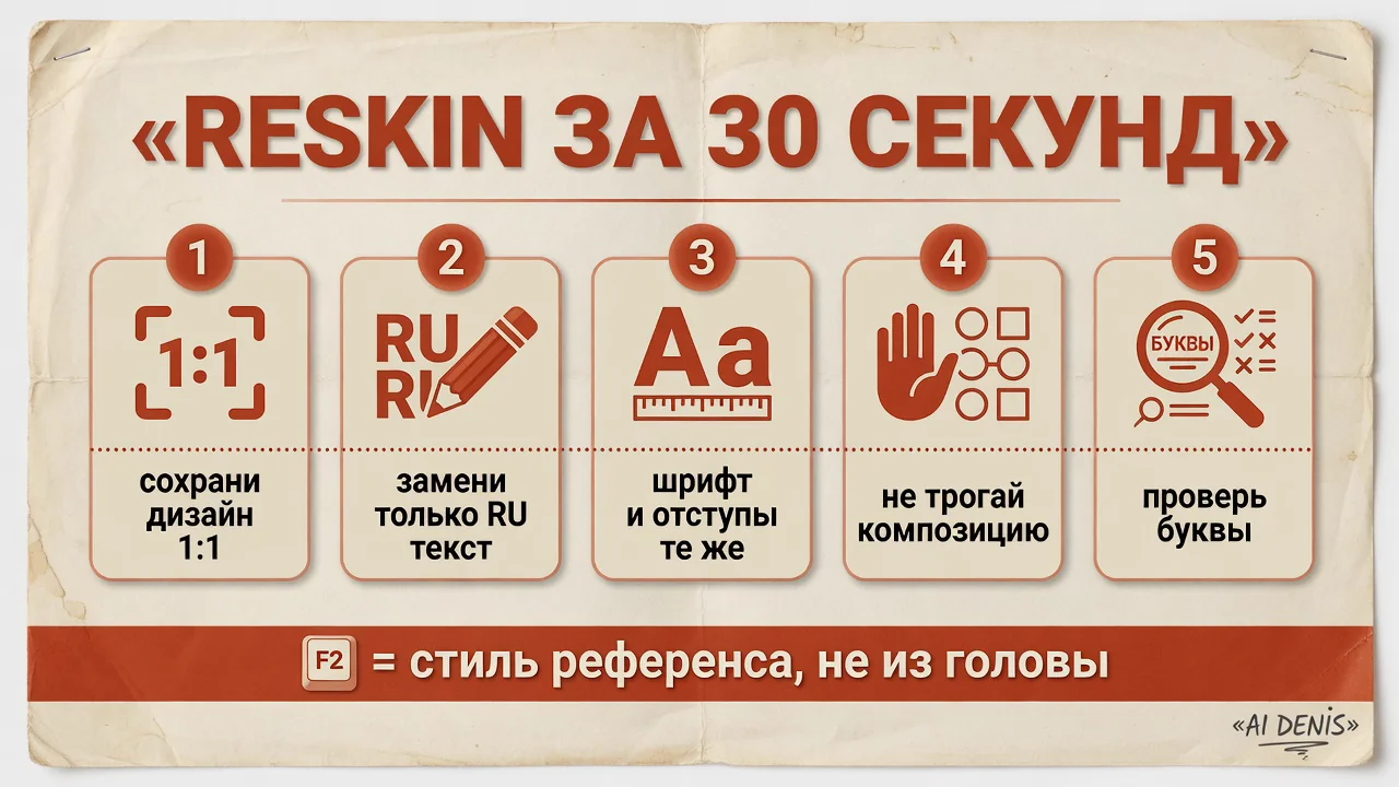 Схема reskin: референс → промпт → QA кириллицы