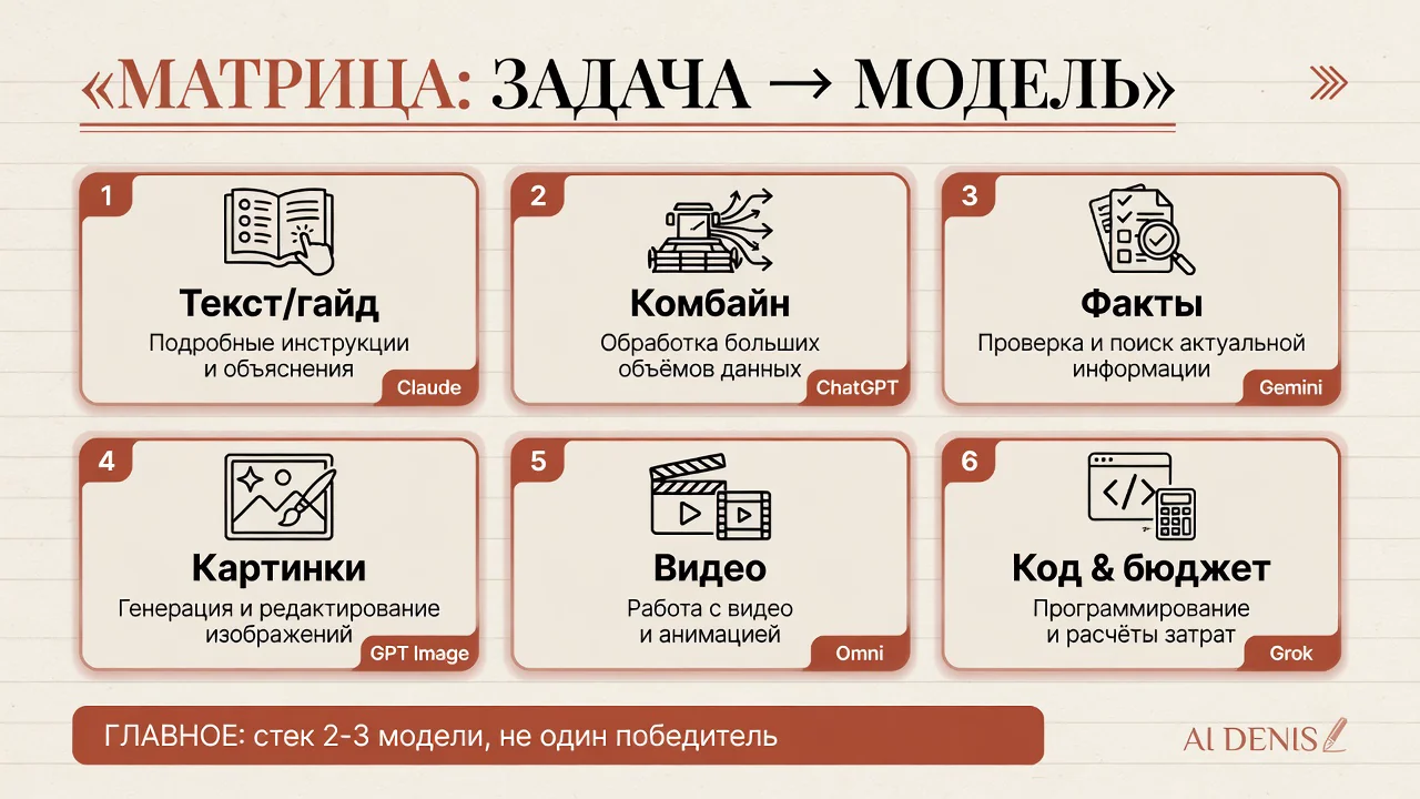 Матрица задача → модель: Claude, ChatGPT, Gemini, Grok