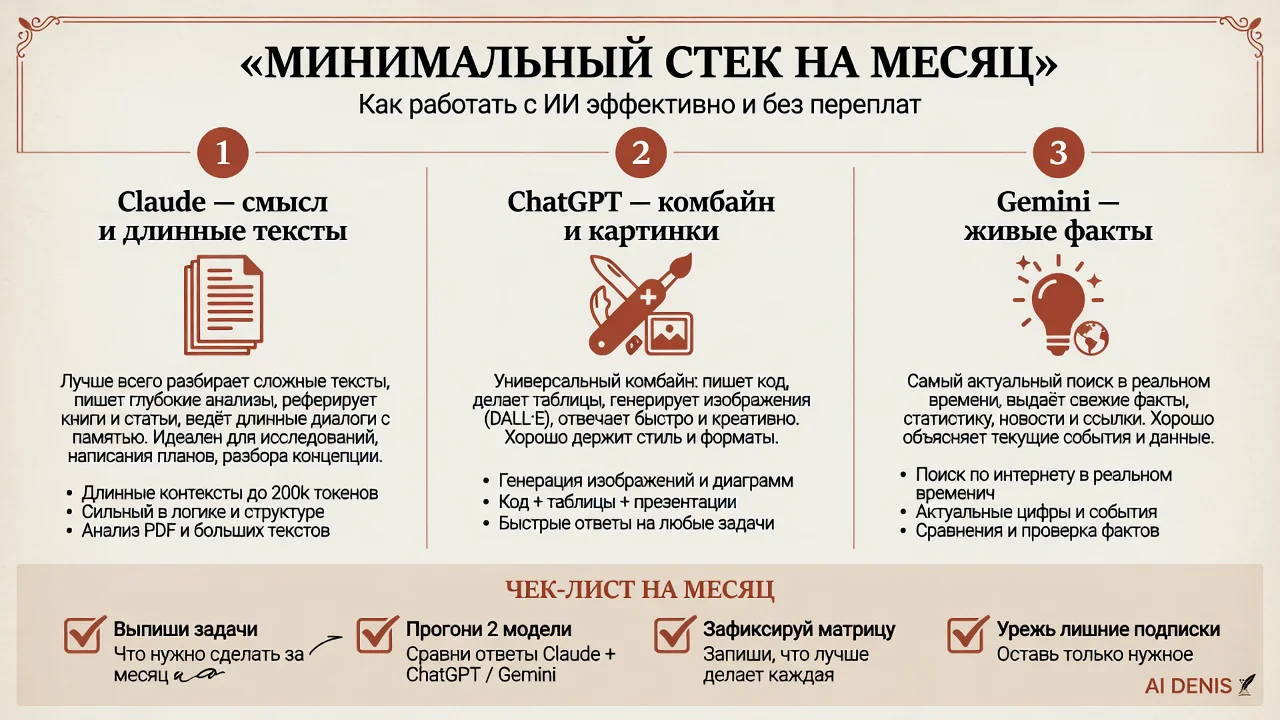 Минимальный стек на месяц: Claude, ChatGPT, Gemini