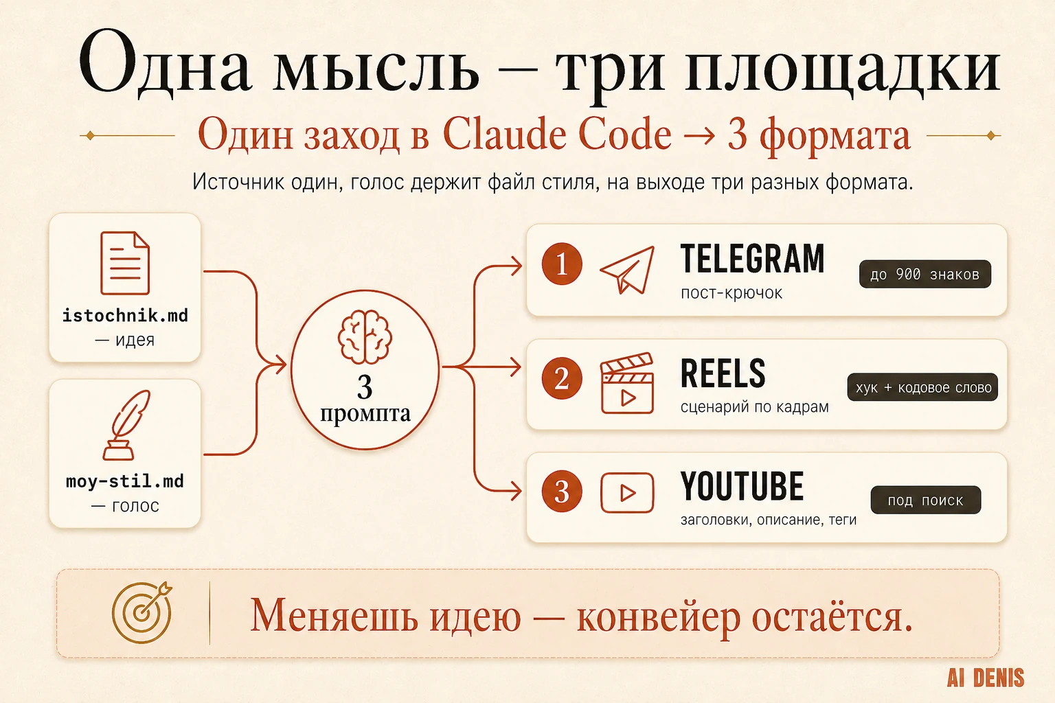Конвейер: одна заметка и файл стиля через три промпта дают пост в Telegram, Reels и пакет YouTube