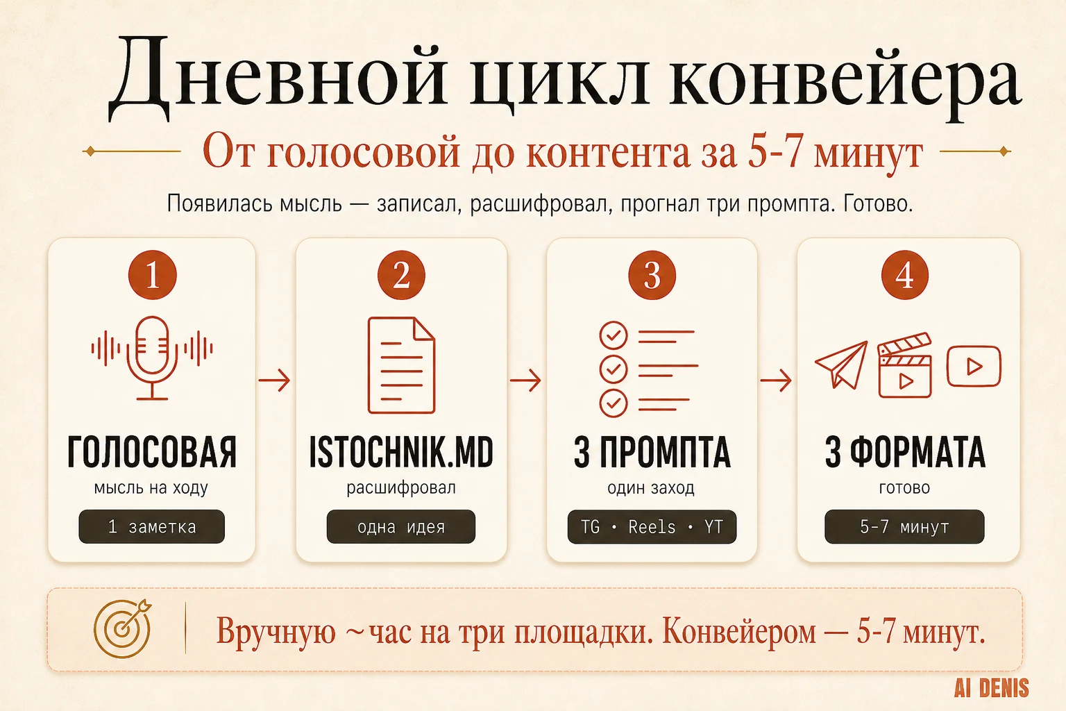 Дневной цикл конвейера: голосовая, istochnik.md, три промпта, три формата, и тайм-математика