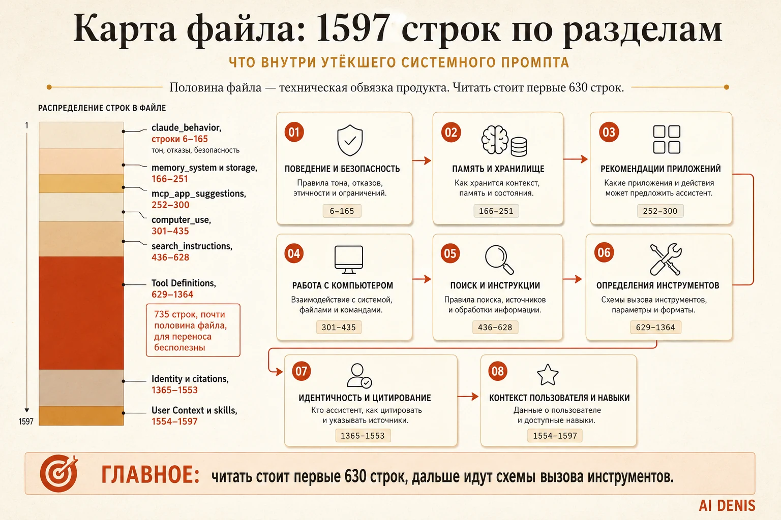 Карта утёкшего системного промпта Claude Fable 5: поведение, память, инструменты, поиск, контекст пользователя — с долей строк у каждого блока