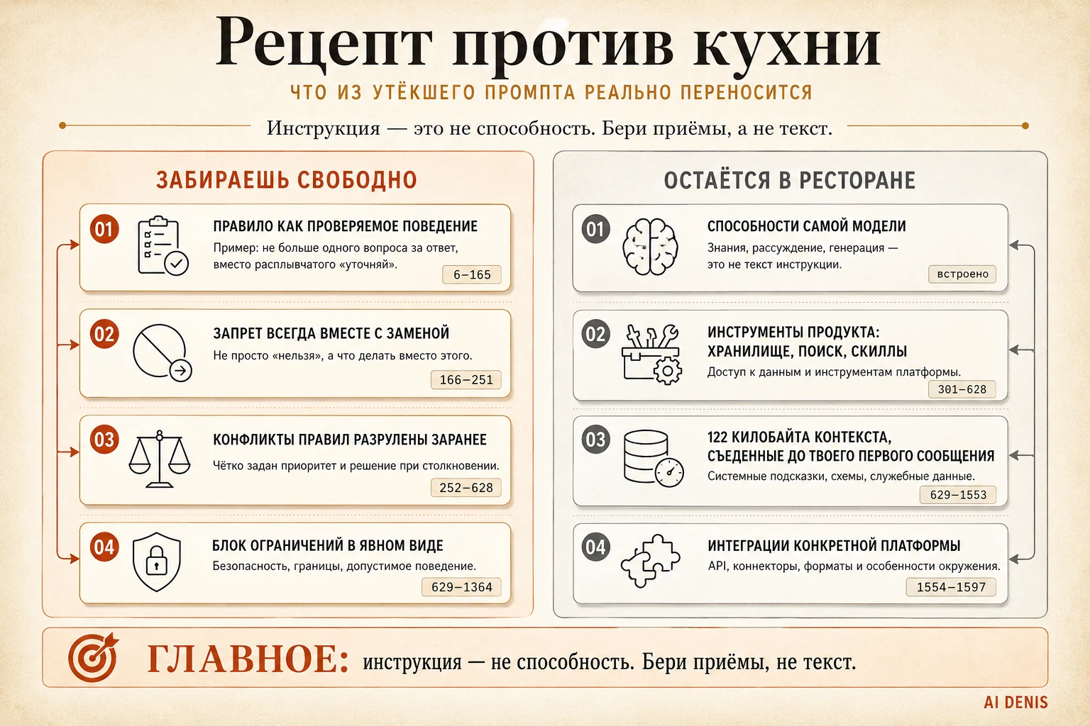 Что переносится из утёкшего системного промпта и что не переносится: приёмы формулировок против возможностей модели и её инструментов