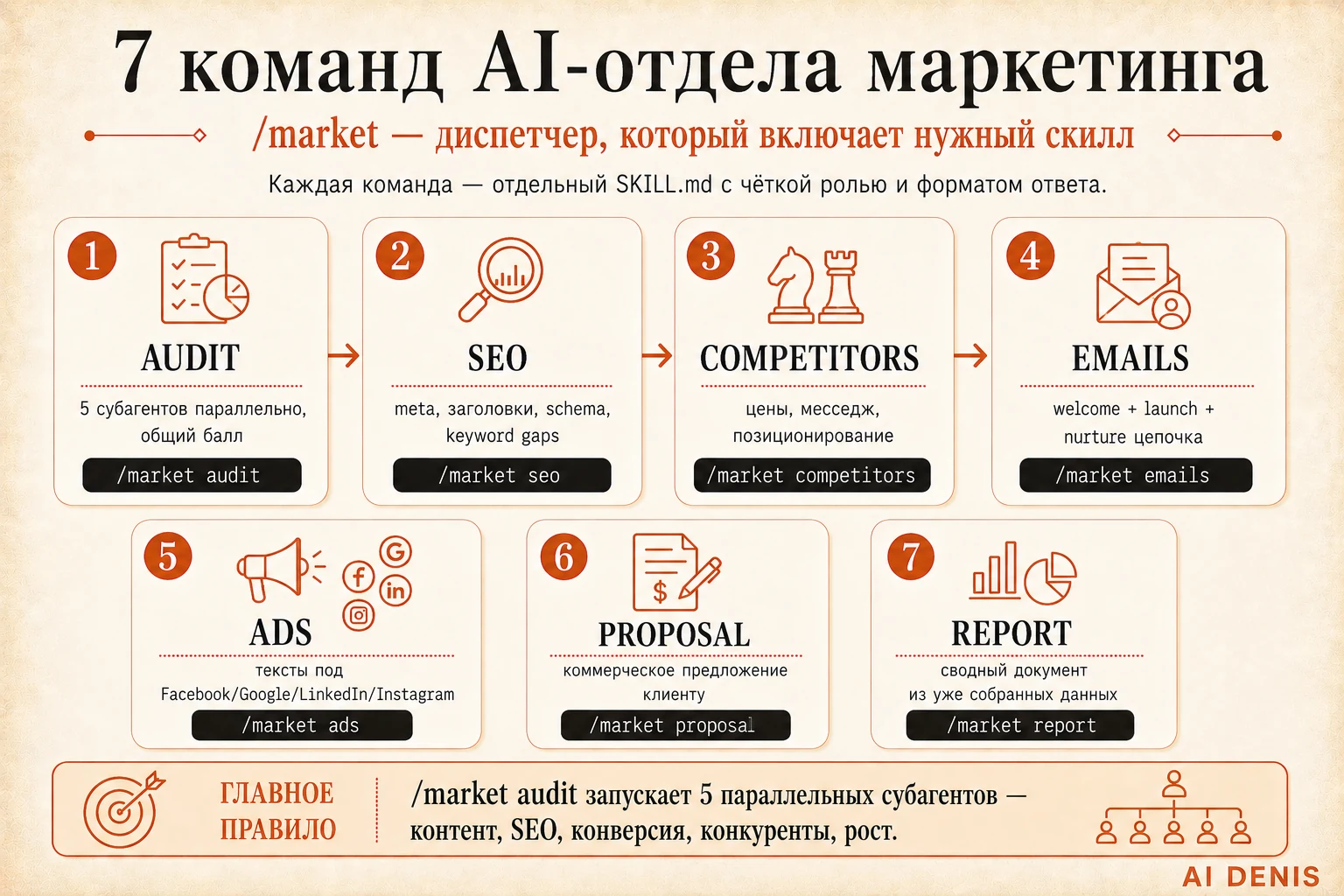 7 команд AI-отдела маркетинга: audit, seo, competitors, emails, ads, proposal, report
