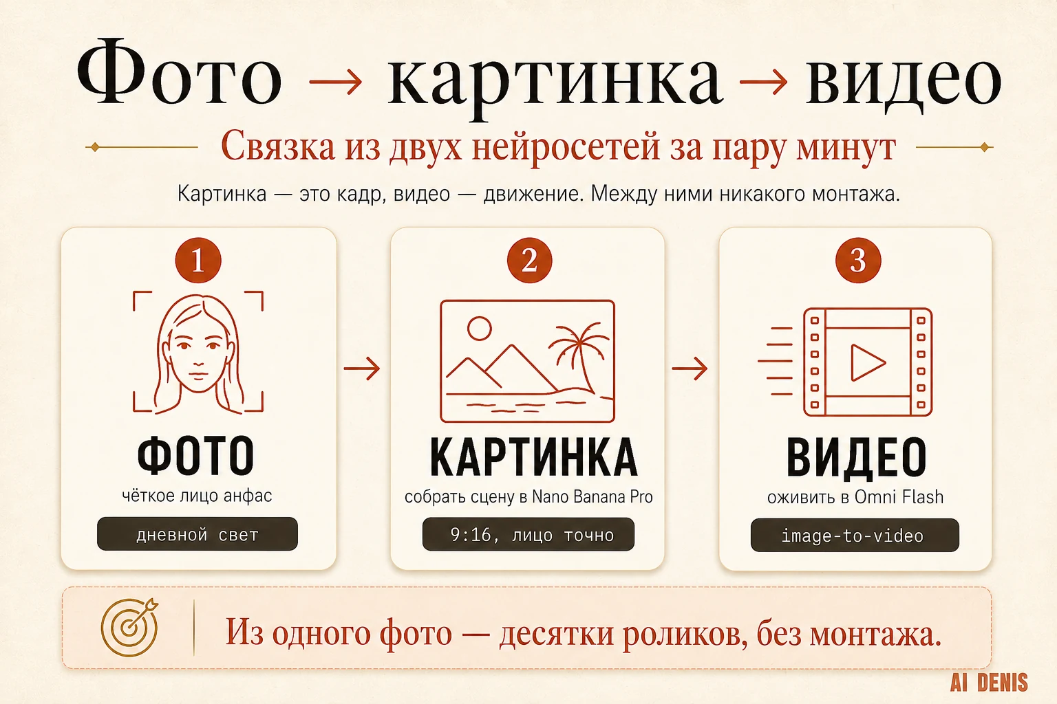 Связка фото → картинка (Nano Banana) → видео (Omni Flash) в три шага