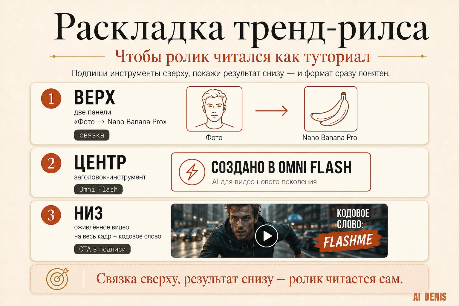 Раскладка тренд-рилса: связка инструментов сверху, заголовок в центре, видео снизу