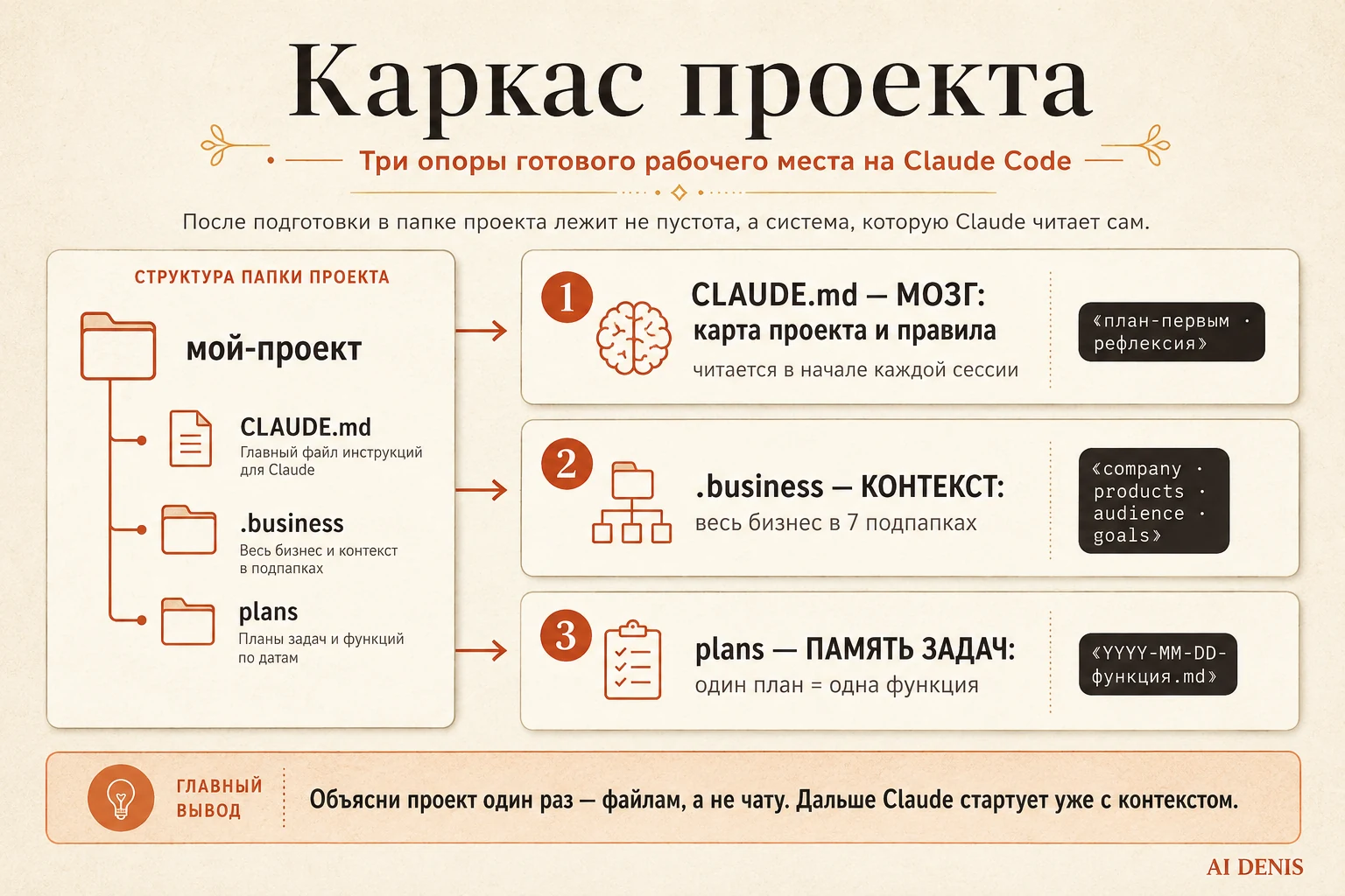 Каркас проекта после подготовки: CLAUDE.md как мозг, .business как контекст, plans как память задач