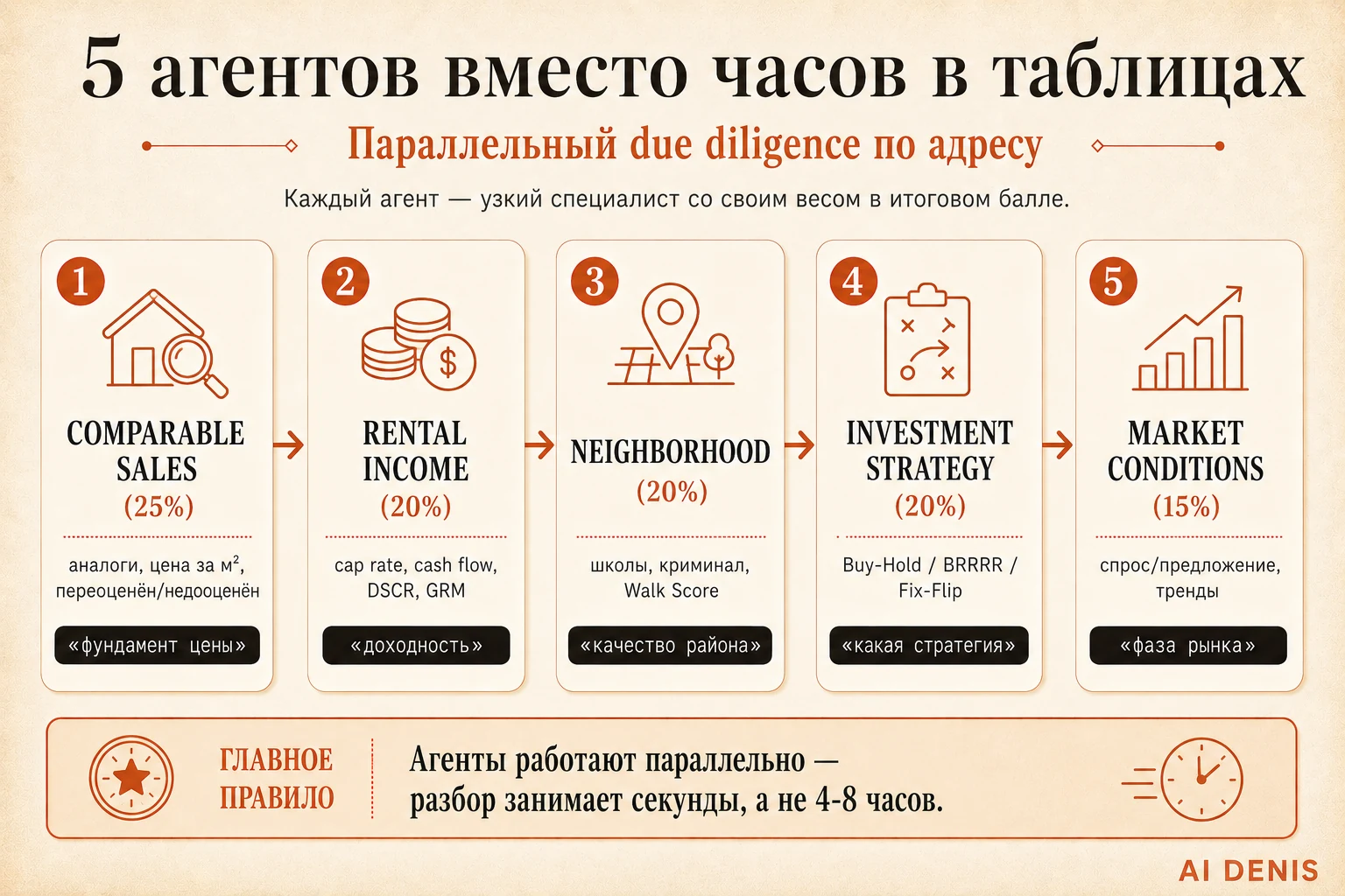 5 параллельных агентов due diligence с весами в итоговом балле