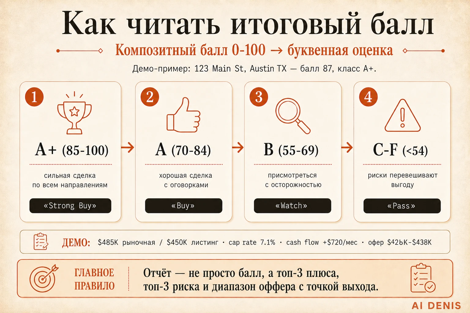 Шкала грейдов A+/A/B/C-F и демо-разбор балла 87