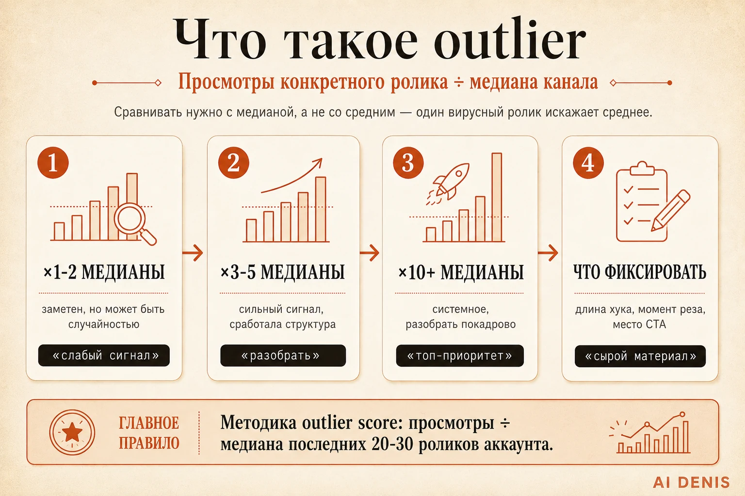Outlier score: просмотры делённые на медиану, пороги 2x/3-5x/10x