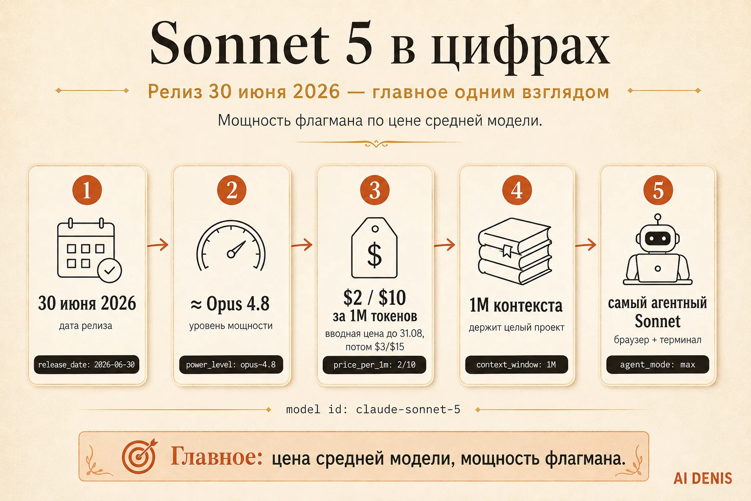 Claude Sonnet 5 в цифрах: релиз 30 июня 2026, мощность уровня Opus 4.8, вводная цена $2/$10 за миллион токенов до 31 августа, контекст 1M, самый агентный Sonnet