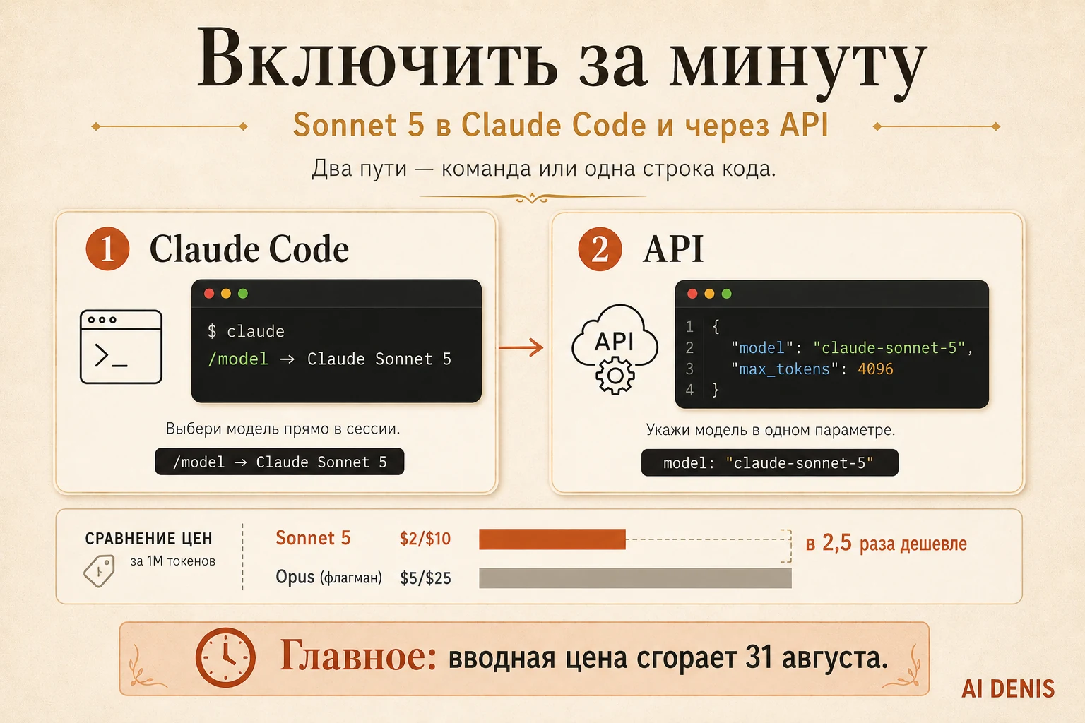 Как включить Claude Sonnet 5: команда /model в Claude Code, model id claude-sonnet-5 в API, сравнение цен с Opus 4.8 и дедлайн вводной цены 31 августа