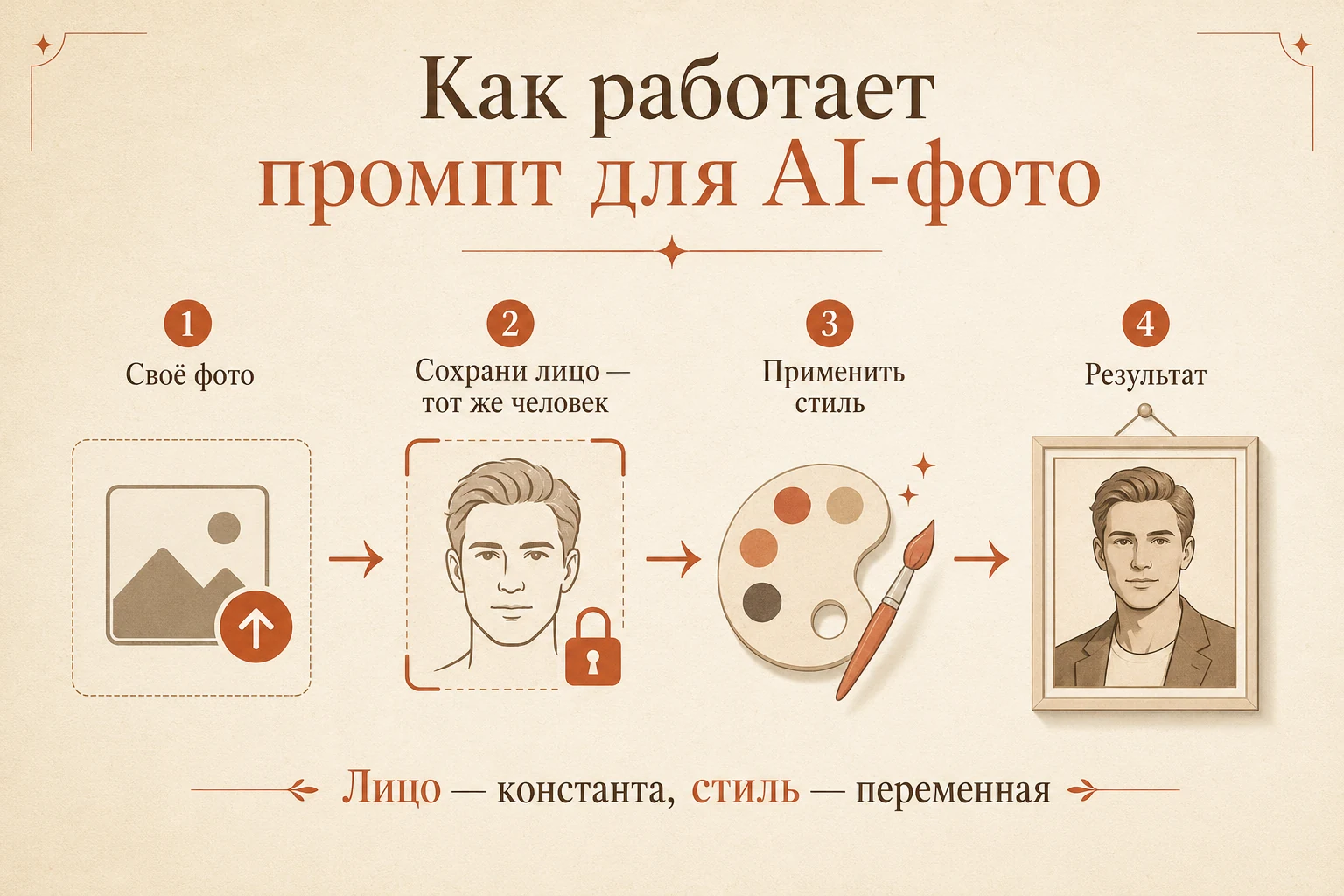 Как работает промпт для AI-фото: загрузить фото → сохранить лицо → применить стиль → результат