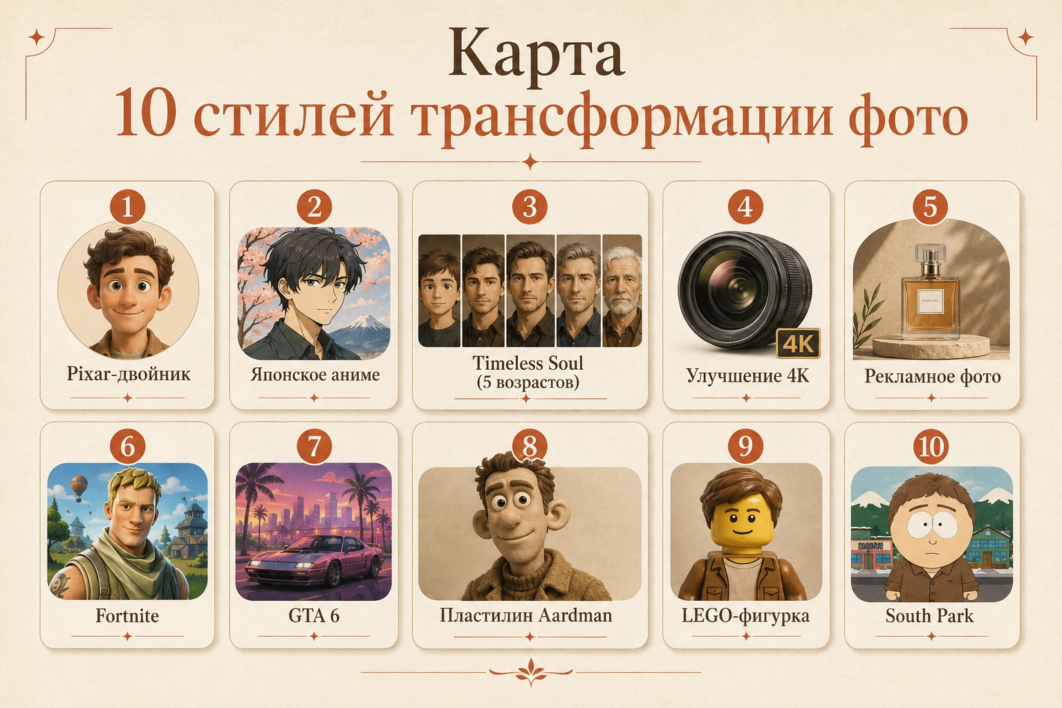 Карта 10 стилей трансформации фото: Pixar, аниме, 5 возрастов, 4K, реклама, Fortnite, GTA 6, пластилин, LEGO, South Park
