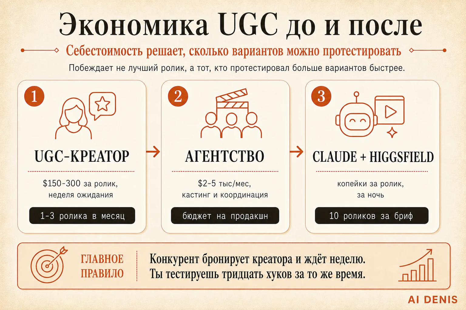 Экономика UGC до и после: креатор, агентство, Claude+Higgsfield