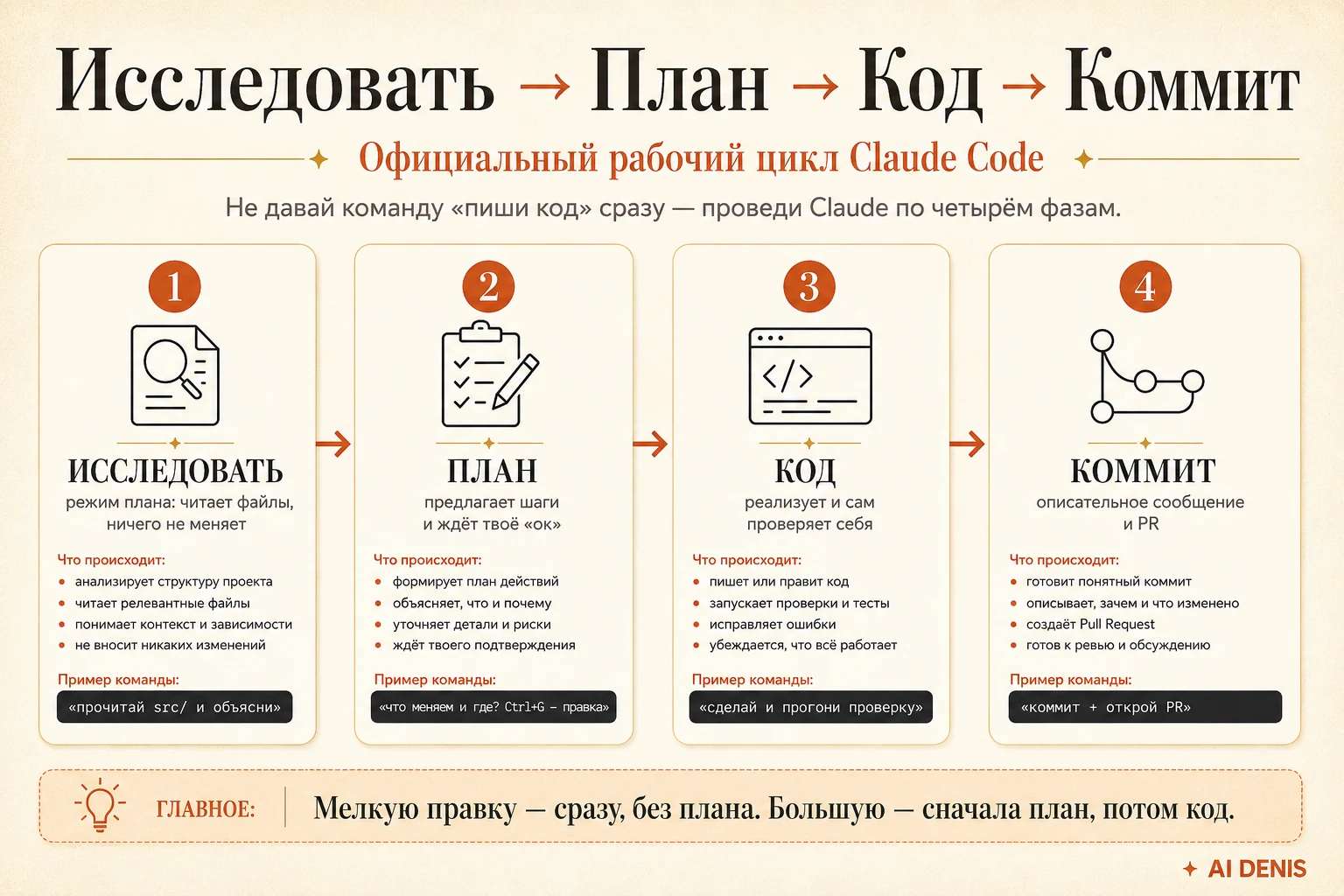 Рабочий цикл Claude Code: исследовать, план, код, коммит — четыре фазы с примерами команд