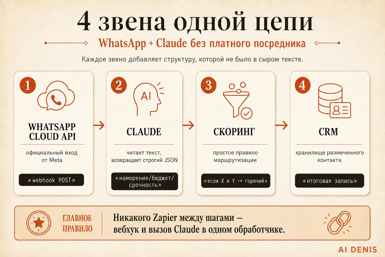 4 звена цепи: WhatsApp Cloud API, Claude, скоринг, CRM