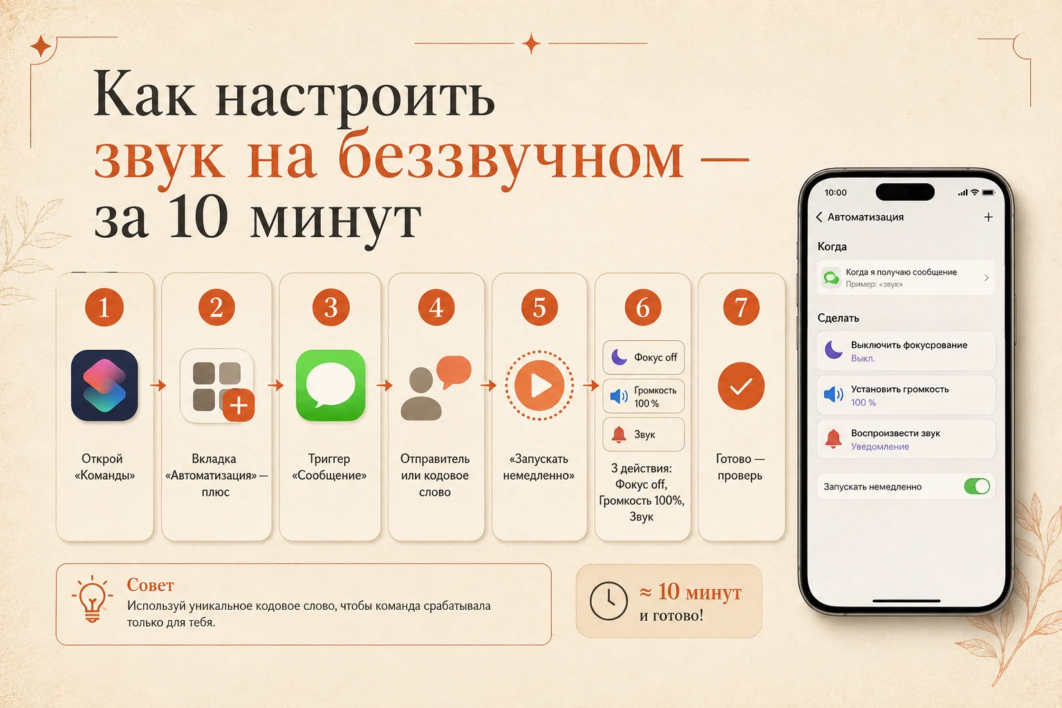 Пошаговая схема настройки автоматизации в Быстрых командах iPhone
