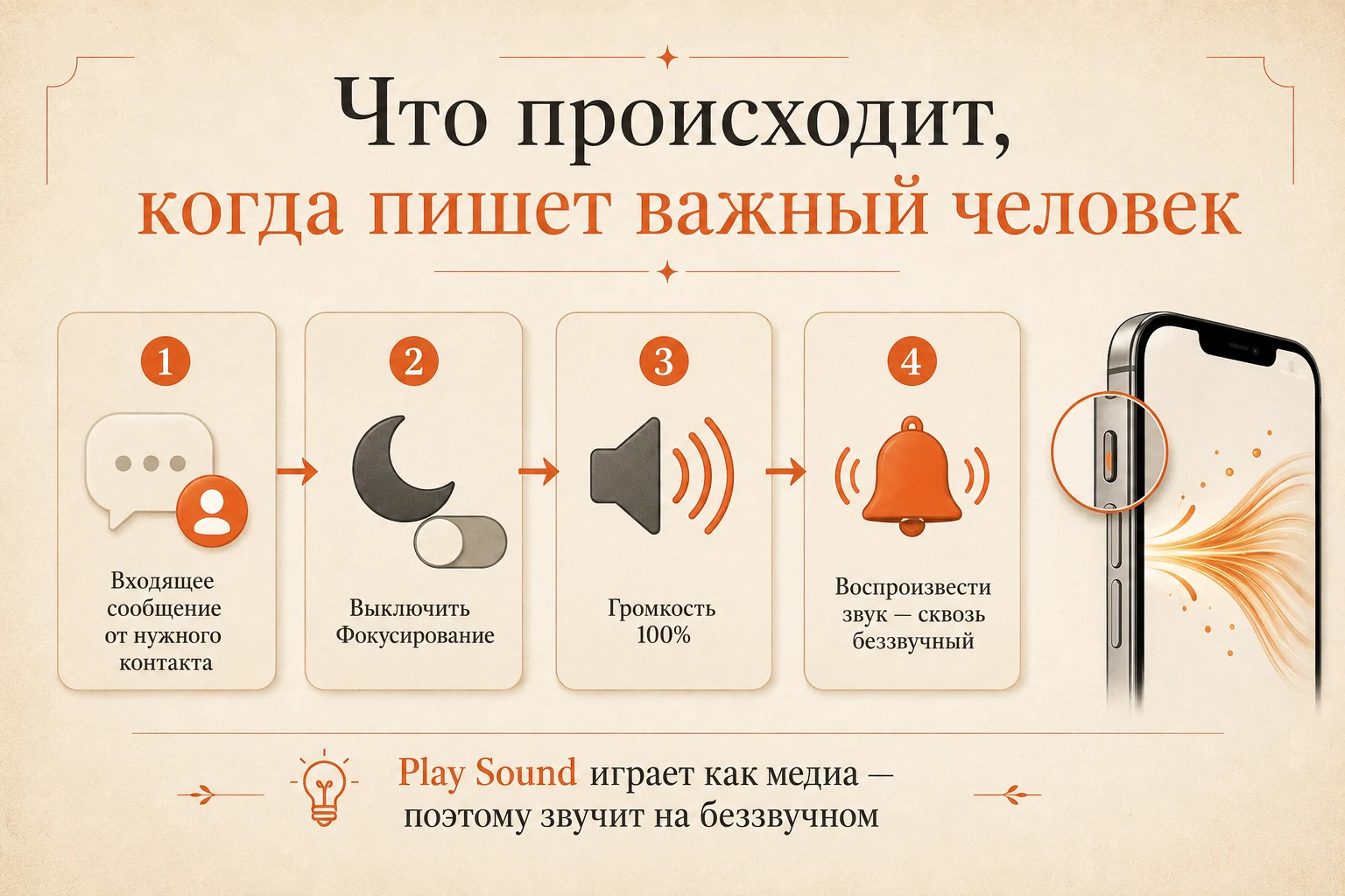 Что происходит: сообщение → выключить фокус → громкость 100% → звук
