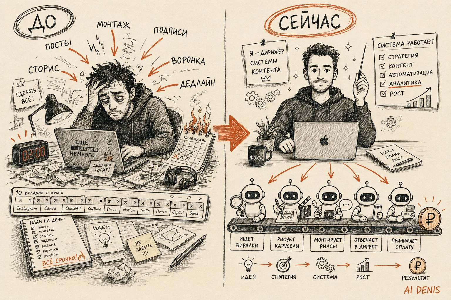 До: один человек тонет в ручном контенте. Сейчас: оркестратор раздаёт задачи агентам на конвейере